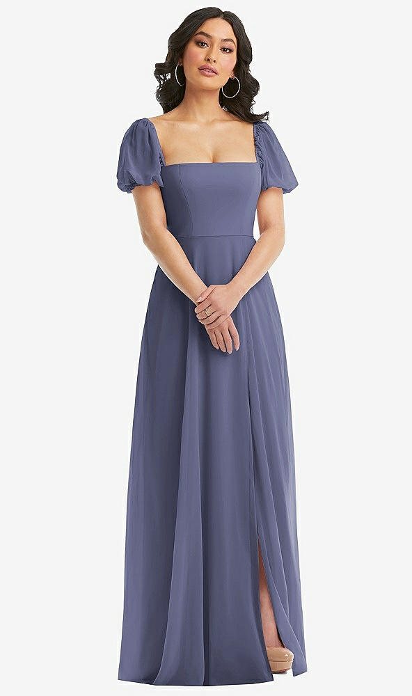 Front View - French Blue Puff Sleeve Chiffon Maxi Dress with Front Slit