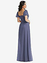 Rear View Thumbnail - French Blue Puff Sleeve Chiffon Maxi Dress with Front Slit