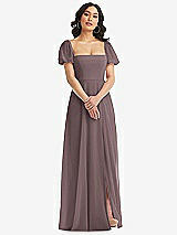 Front View Thumbnail - French Truffle Puff Sleeve Chiffon Maxi Dress with Front Slit