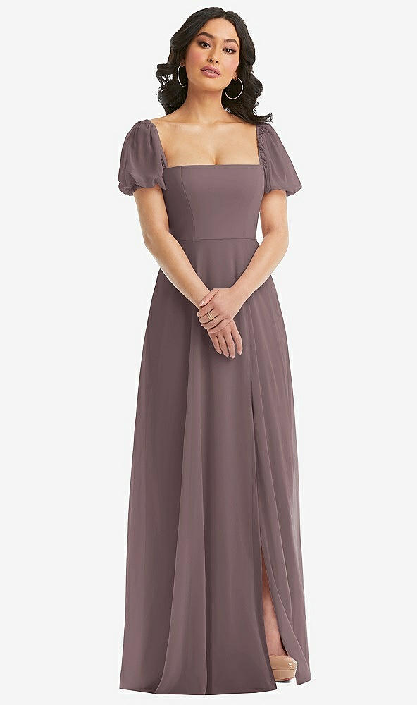 Front View - French Truffle Puff Sleeve Chiffon Maxi Dress with Front Slit