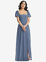 Front View Thumbnail - Larkspur Blue Puff Sleeve Chiffon Maxi Dress with Front Slit