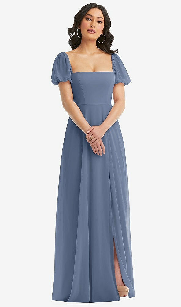 Front View - Larkspur Blue Puff Sleeve Chiffon Maxi Dress with Front Slit
