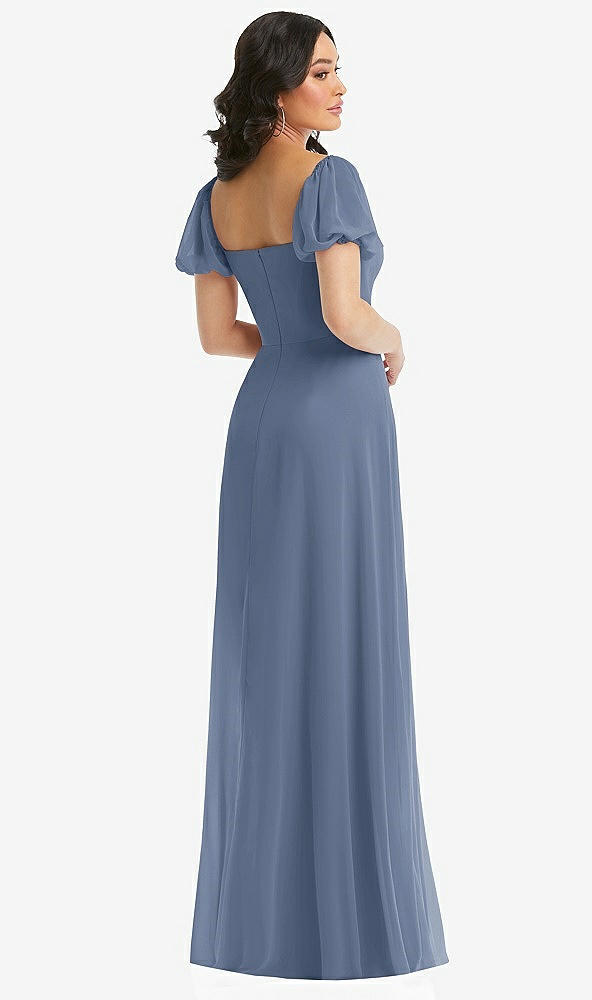 Back View - Larkspur Blue Puff Sleeve Chiffon Maxi Dress with Front Slit