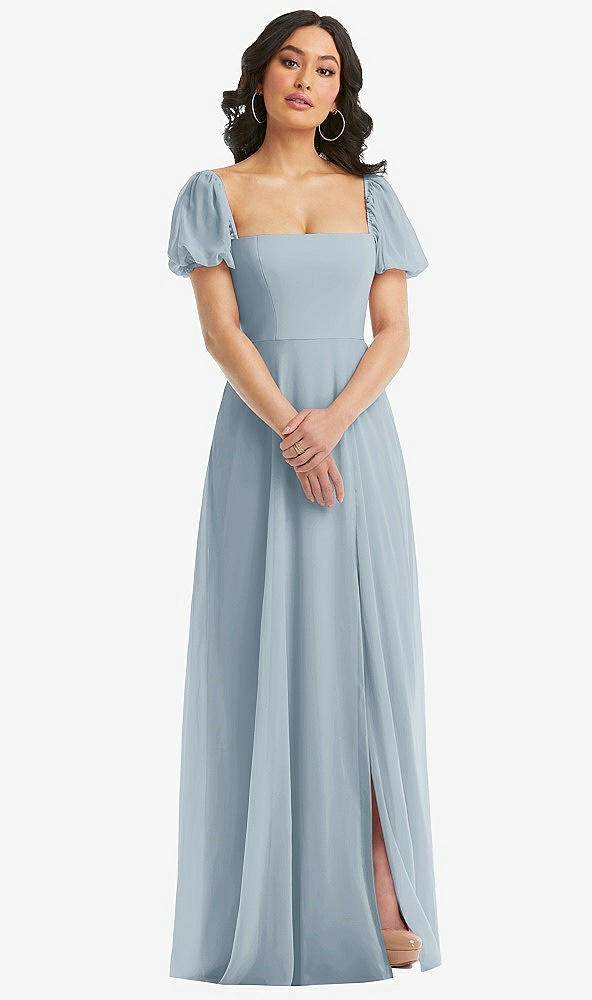 Front View - Mist Puff Sleeve Chiffon Maxi Dress with Front Slit