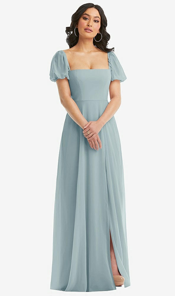 Front View - Morning Sky Puff Sleeve Chiffon Maxi Dress with Front Slit
