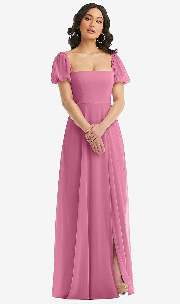 Front View - Orchid Pink Puff Sleeve Chiffon Maxi Dress with Front Slit