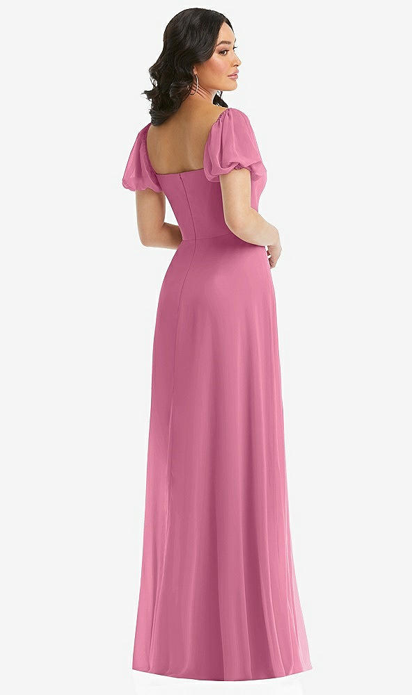 Back View - Orchid Pink Puff Sleeve Chiffon Maxi Dress with Front Slit