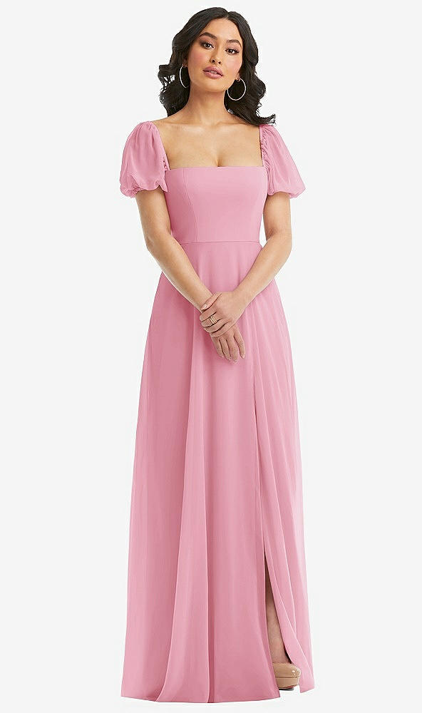 Front View - Peony Pink Puff Sleeve Chiffon Maxi Dress with Front Slit