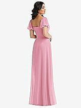 Rear View Thumbnail - Peony Pink Puff Sleeve Chiffon Maxi Dress with Front Slit
