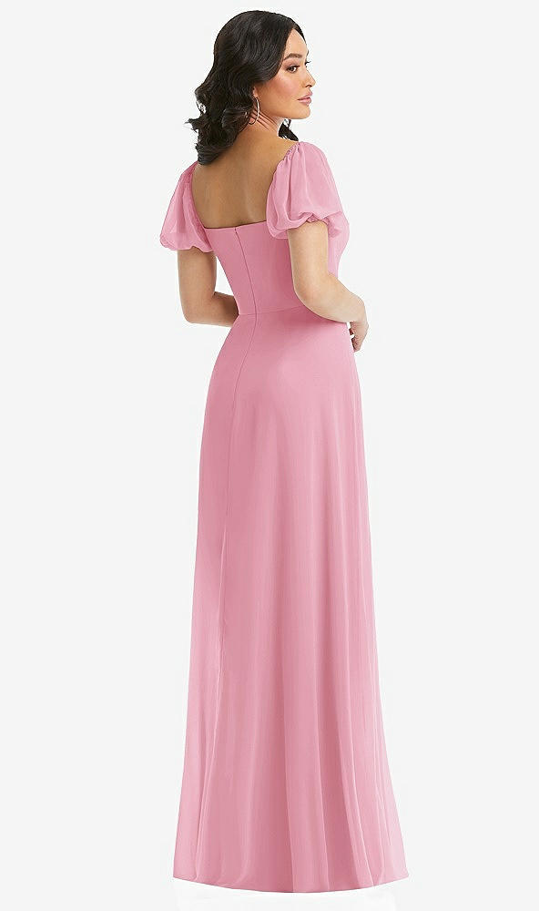Back View - Peony Pink Puff Sleeve Chiffon Maxi Dress with Front Slit