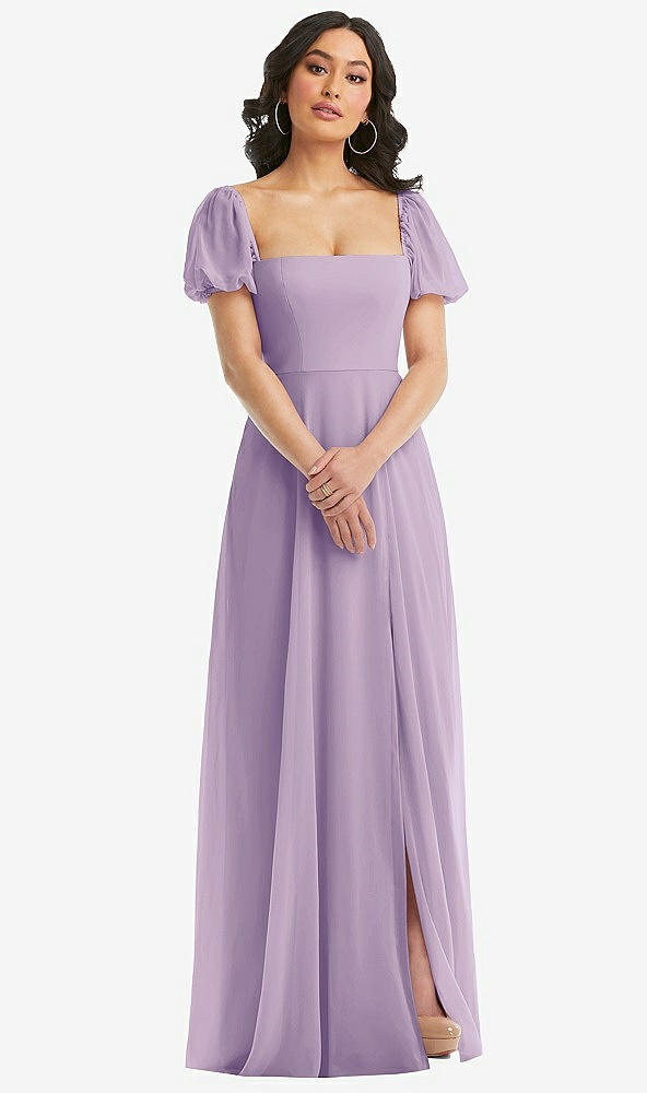 Front View - Pale Purple Puff Sleeve Chiffon Maxi Dress with Front Slit