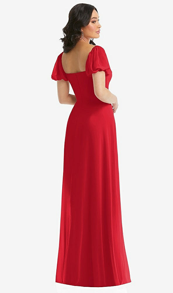 Back View - Parisian Red Puff Sleeve Chiffon Maxi Dress with Front Slit