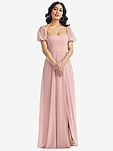 Front View Thumbnail - Rose - PANTONE Rose Quartz Puff Sleeve Chiffon Maxi Dress with Front Slit