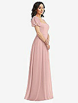 Side View Thumbnail - Rose - PANTONE Rose Quartz Puff Sleeve Chiffon Maxi Dress with Front Slit