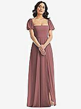 Front View Thumbnail - Rosewood Puff Sleeve Chiffon Maxi Dress with Front Slit
