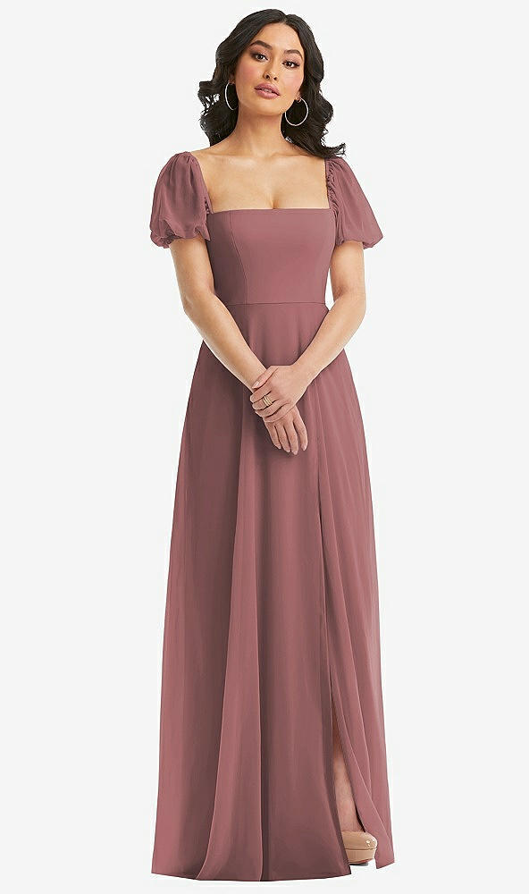 Front View - Rosewood Puff Sleeve Chiffon Maxi Dress with Front Slit