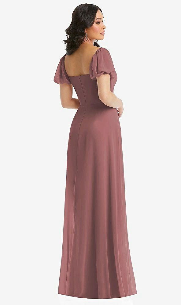 Back View - Rosewood Puff Sleeve Chiffon Maxi Dress with Front Slit