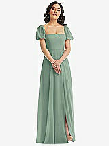 Front View Thumbnail - Seagrass Puff Sleeve Chiffon Maxi Dress with Front Slit