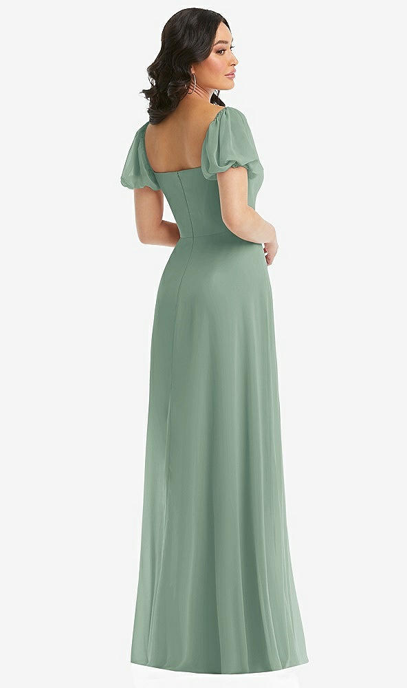 Back View - Seagrass Puff Sleeve Chiffon Maxi Dress with Front Slit