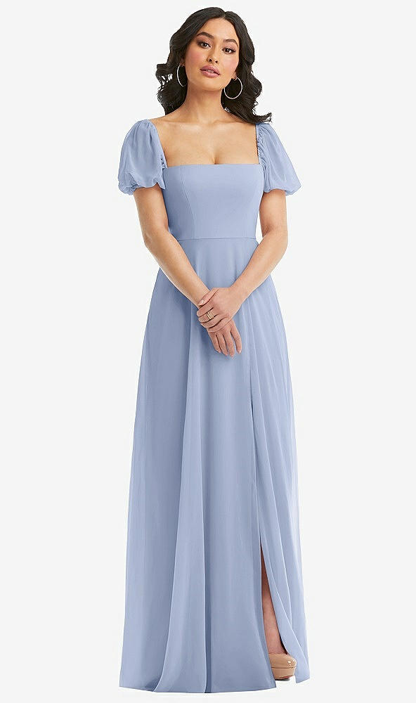 Front View - Sky Blue Puff Sleeve Chiffon Maxi Dress with Front Slit