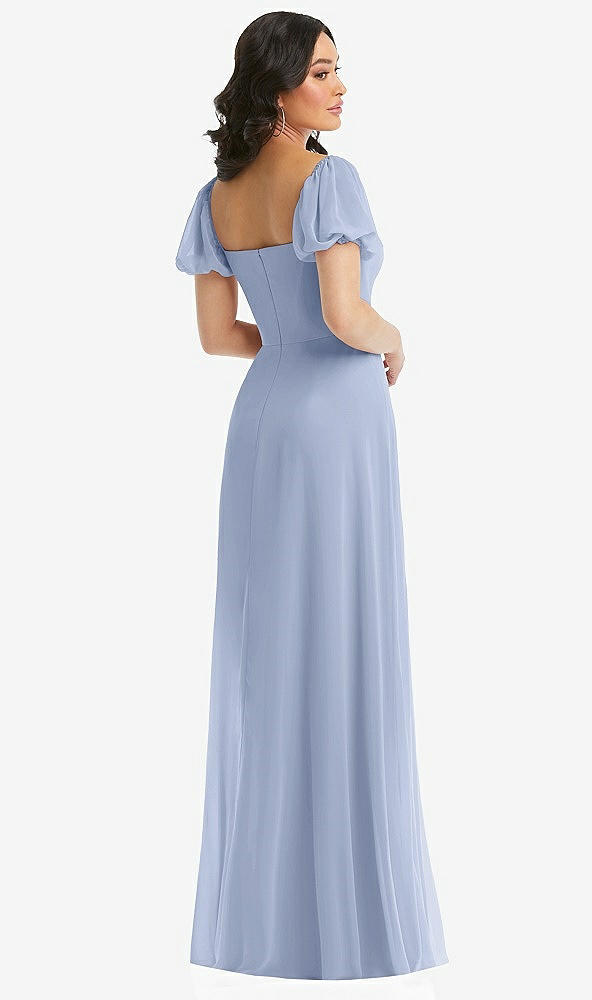 Back View - Sky Blue Puff Sleeve Chiffon Maxi Dress with Front Slit