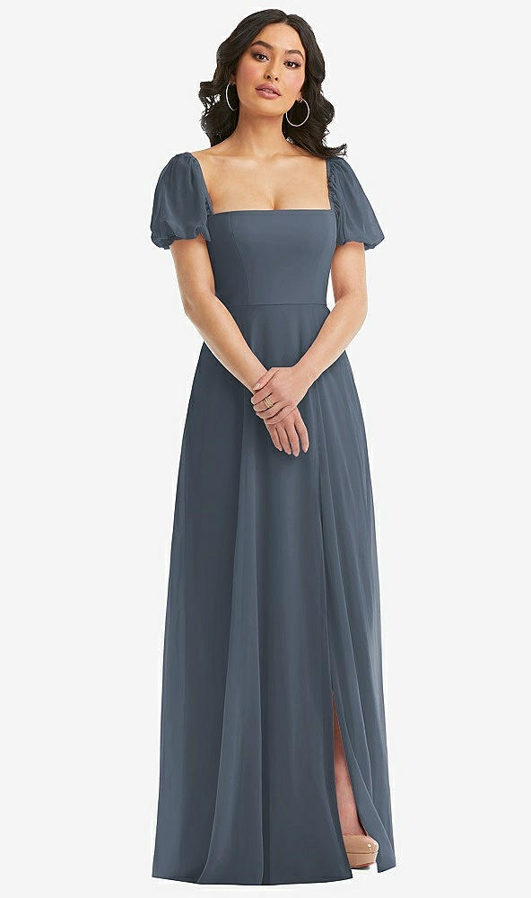 Front View - Silverstone Puff Sleeve Chiffon Maxi Dress with Front Slit