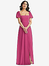 Front View Thumbnail - Tea Rose Puff Sleeve Chiffon Maxi Dress with Front Slit