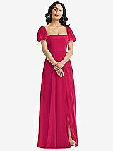 Front View Thumbnail - Vivid Pink Puff Sleeve Chiffon Maxi Dress with Front Slit