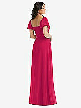 Rear View Thumbnail - Vivid Pink Puff Sleeve Chiffon Maxi Dress with Front Slit