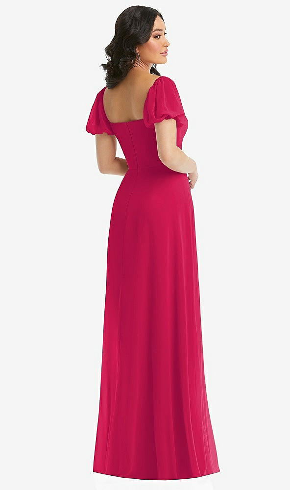 Back View - Vivid Pink Puff Sleeve Chiffon Maxi Dress with Front Slit