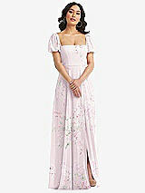 Front View Thumbnail - Watercolor Print Puff Sleeve Chiffon Maxi Dress with Front Slit