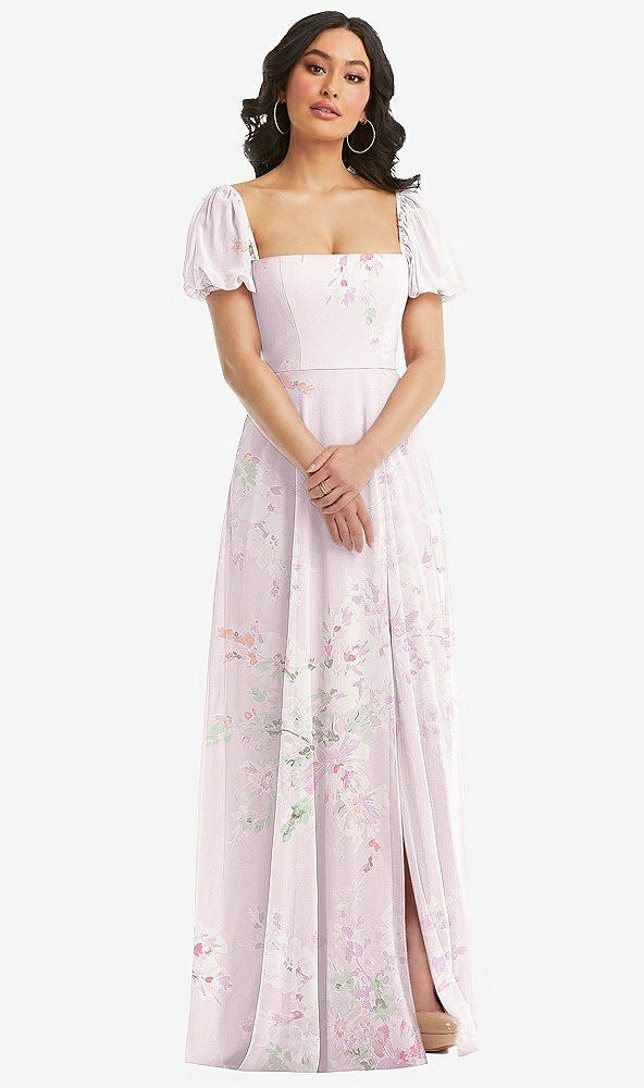 Front View - Watercolor Print Puff Sleeve Chiffon Maxi Dress with Front Slit