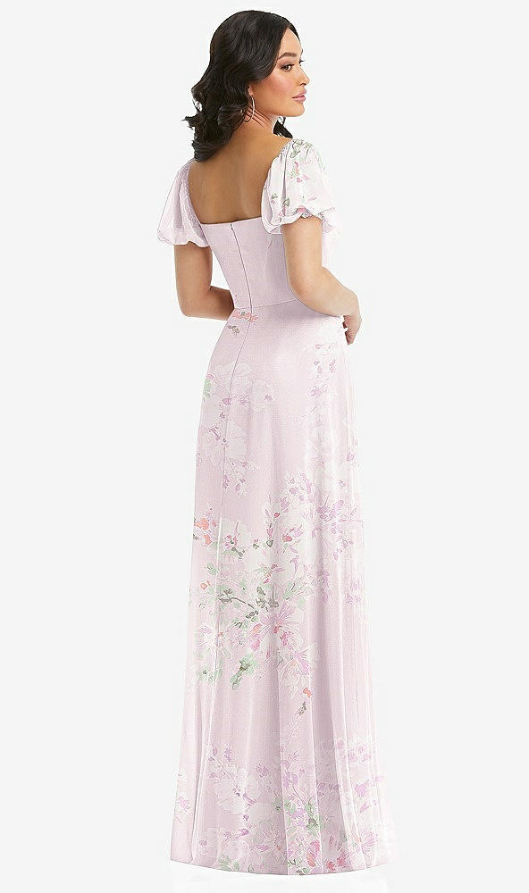 Back View - Watercolor Print Puff Sleeve Chiffon Maxi Dress with Front Slit