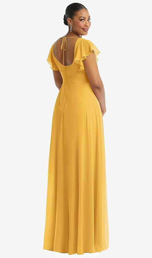 Back View - NYC Yellow Flutter Sleeve Scoop Open-Back Chiffon Maxi Dress