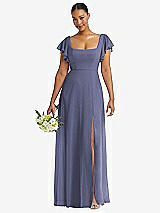 Front View Thumbnail - French Blue Flutter Sleeve Scoop Open-Back Chiffon Maxi Dress