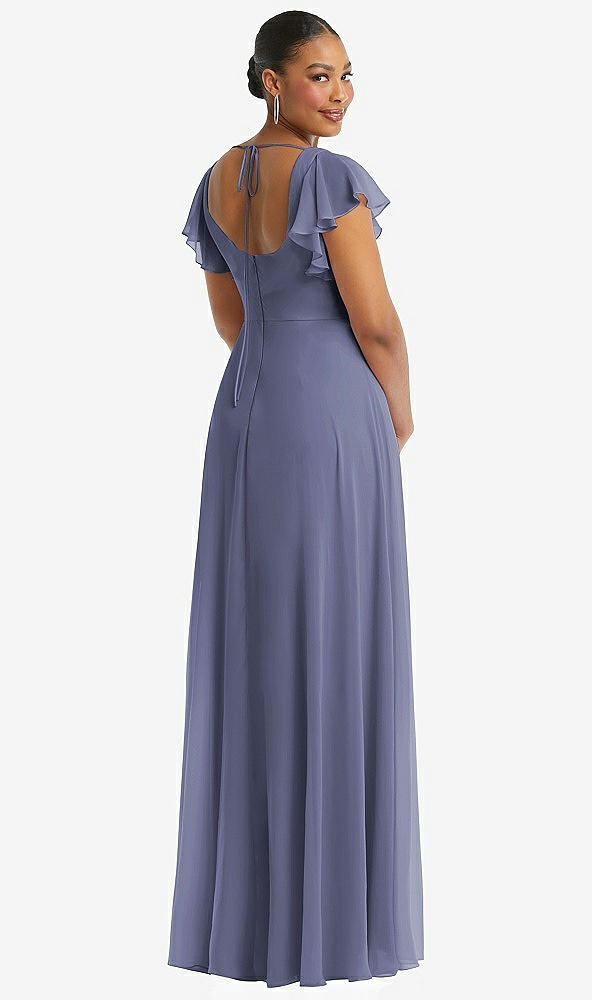Back View - French Blue Flutter Sleeve Scoop Open-Back Chiffon Maxi Dress