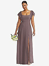 Front View Thumbnail - French Truffle Flutter Sleeve Scoop Open-Back Chiffon Maxi Dress