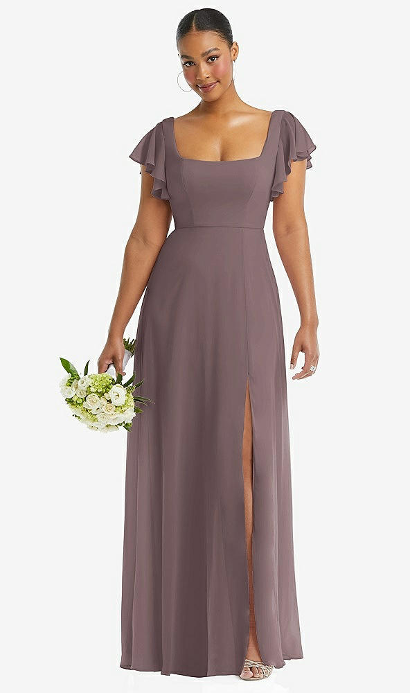 Front View - French Truffle Flutter Sleeve Scoop Open-Back Chiffon Maxi Dress