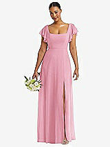 Front View Thumbnail - Peony Pink Flutter Sleeve Scoop Open-Back Chiffon Maxi Dress