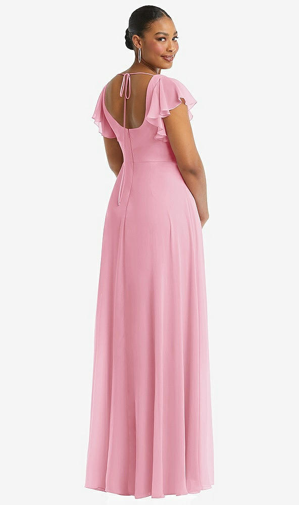 Back View - Peony Pink Flutter Sleeve Scoop Open-Back Chiffon Maxi Dress