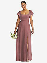 Front View Thumbnail - Rosewood Flutter Sleeve Scoop Open-Back Chiffon Maxi Dress