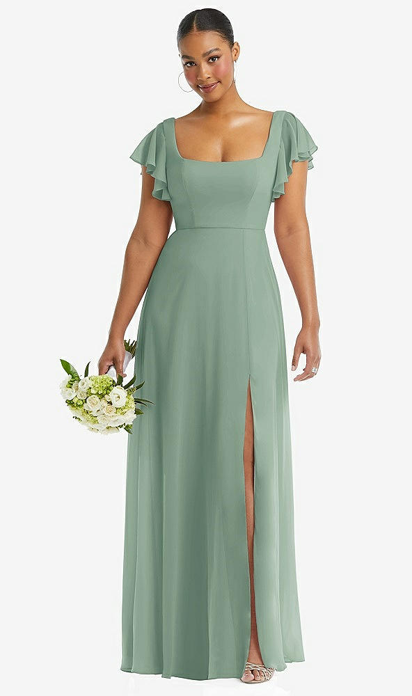 Front View - Seagrass Flutter Sleeve Scoop Open-Back Chiffon Maxi Dress