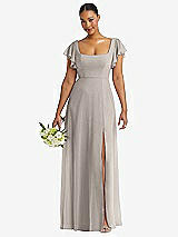 Front View Thumbnail - Taupe Flutter Sleeve Scoop Open-Back Chiffon Maxi Dress