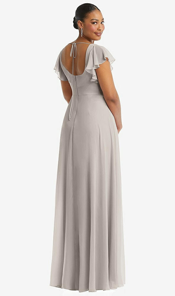 Back View - Taupe Flutter Sleeve Scoop Open-Back Chiffon Maxi Dress