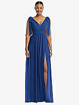 Front View Thumbnail - Classic Blue Plunge Neckline Bow Shoulder Empire Waist Chiffon Maxi Dress