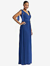 Side View Thumbnail - Classic Blue Plunge Neckline Bow Shoulder Empire Waist Chiffon Maxi Dress