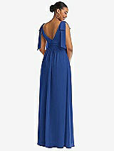 Rear View Thumbnail - Classic Blue Plunge Neckline Bow Shoulder Empire Waist Chiffon Maxi Dress