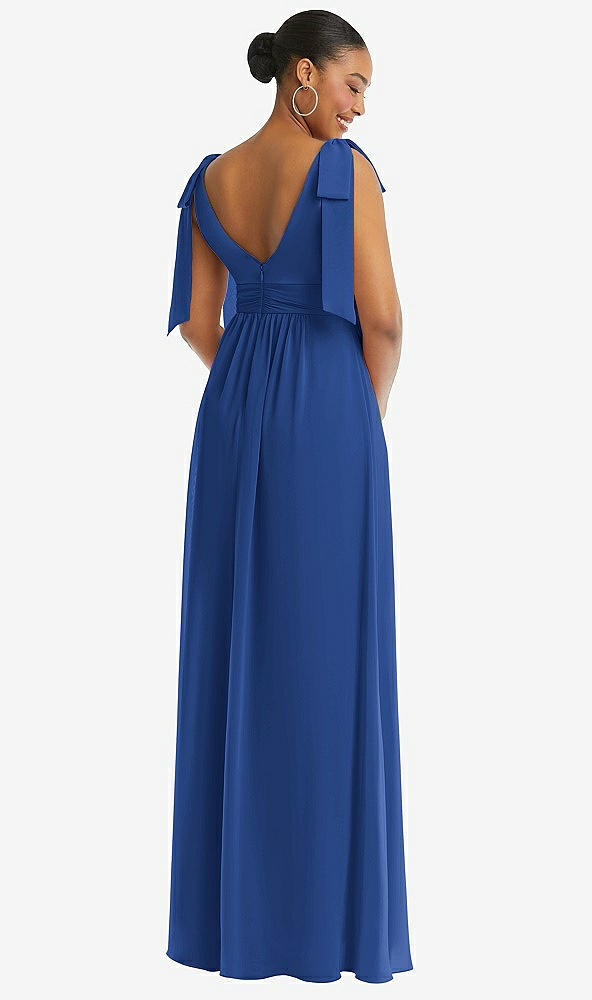 Back View - Classic Blue Plunge Neckline Bow Shoulder Empire Waist Chiffon Maxi Dress