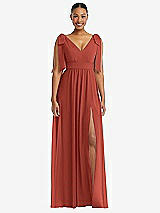Front View Thumbnail - Amber Sunset Plunge Neckline Bow Shoulder Empire Waist Chiffon Maxi Dress