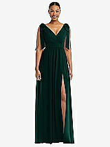 Front View Thumbnail - Evergreen Plunge Neckline Bow Shoulder Empire Waist Chiffon Maxi Dress